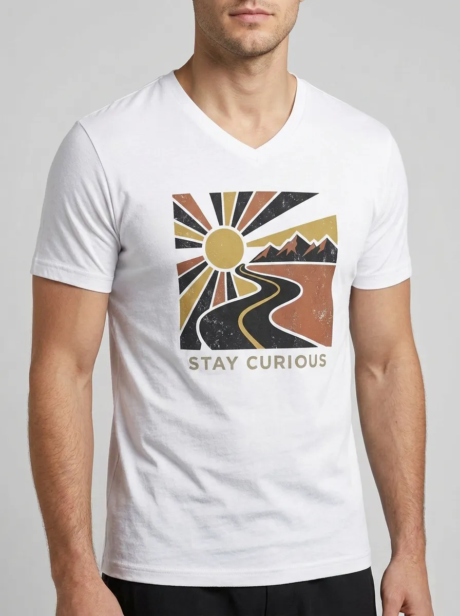 Men's Adventure Lover Stay Curious Mountain Road Printed V-Neck T-Shirt