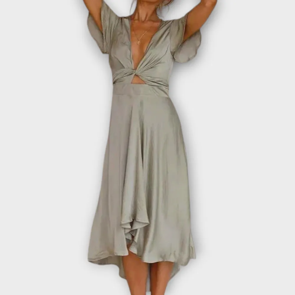 V-Neck Belted Flowing Midi Dress