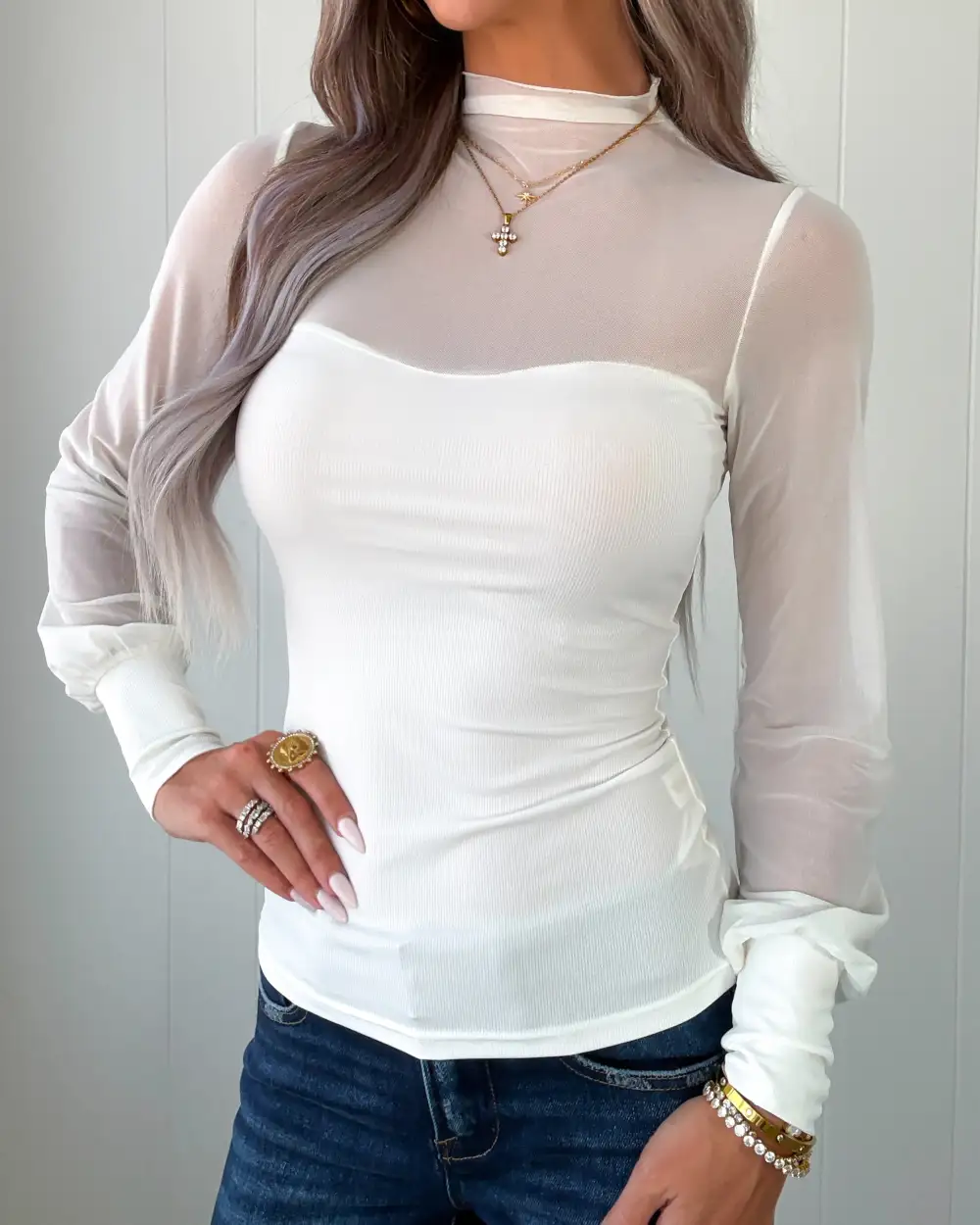 Mesh Long-Sleeve Blouse