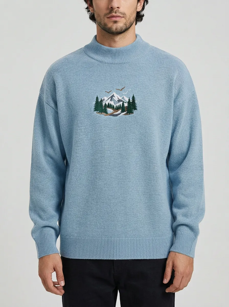 Men's Mountain Bird Embroidered Dropped-Shoulder Mock-Neck Sweater