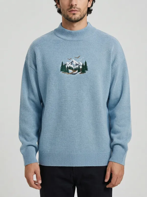 Men's Mountain Bird Embroidered Dropped-Shoulder Mock-Neck Sweater