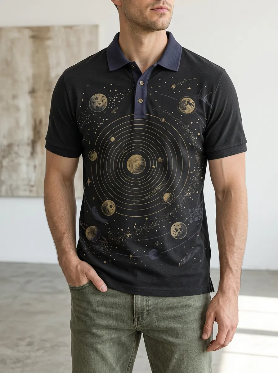 Men's Astronomy Lover Solar System Printed Polo Shirt Classic Casual Style