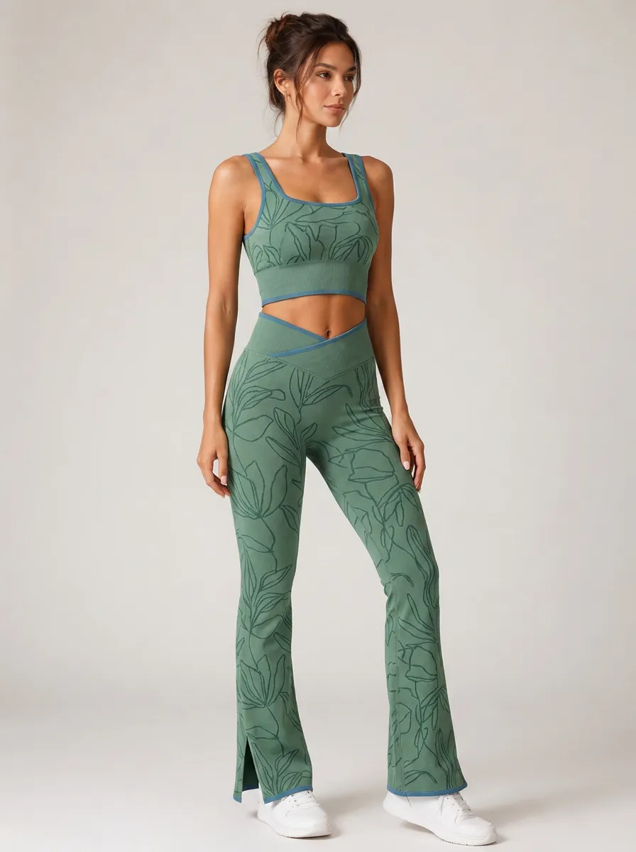 Women's Yoga Fitness Botanical Leaf Printed Seamless Workout Set