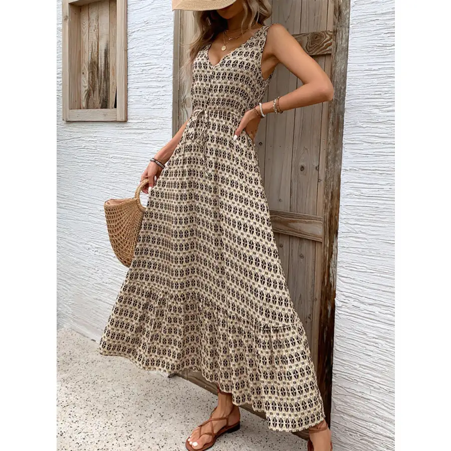 Printed V-neck Tie Waist Midi Dress