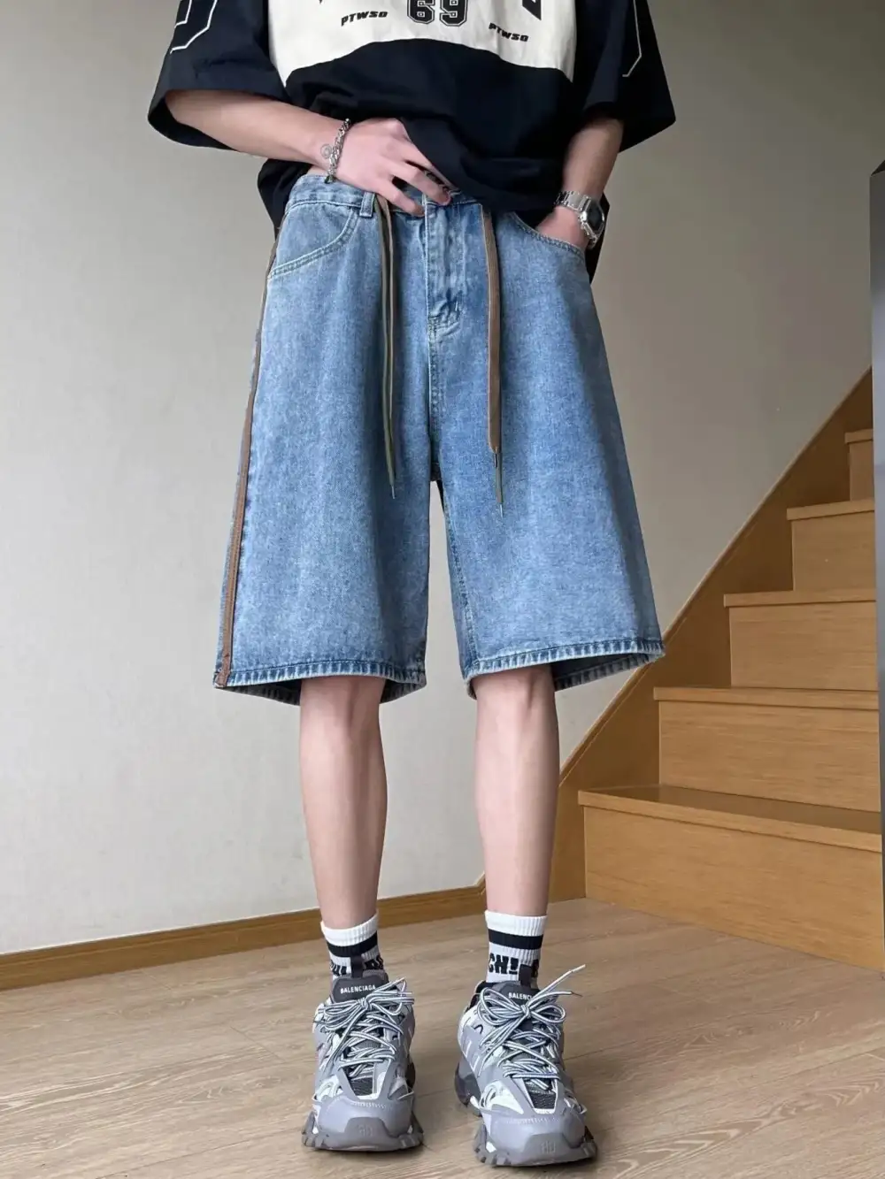 Men's Full Size Drawstring Wide Leg Denim Shorts