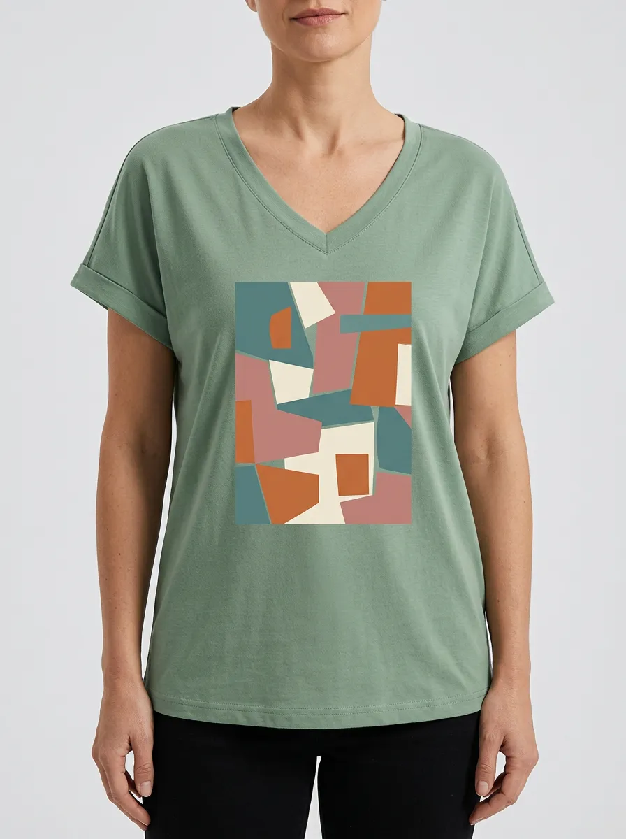 Women's Abstract Art Geometric Shapes Printed V-Neck T-Shirt Modern Pattern