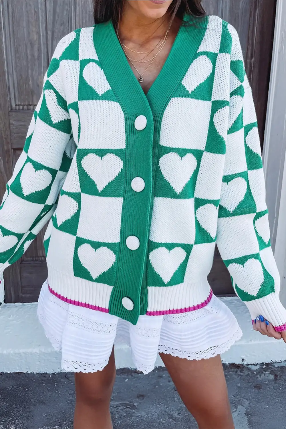 Easy Layer Checkered Button Front V Neck Cardigan
