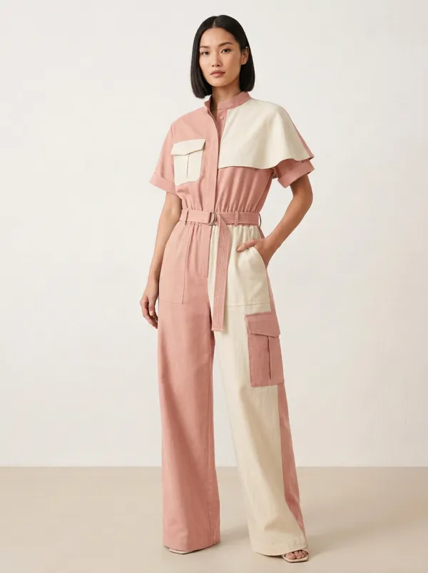 Women's Utility Patchwork Colorblock Belted Jumpsuit