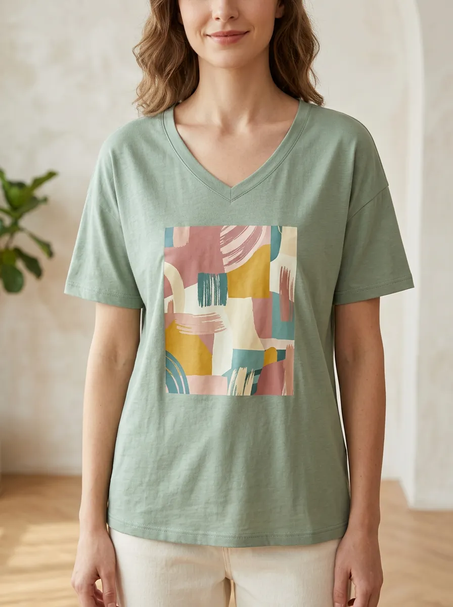 Women's Abstract Art Lover Geometric Brushstroke Printed V-Neck T-Shirt
