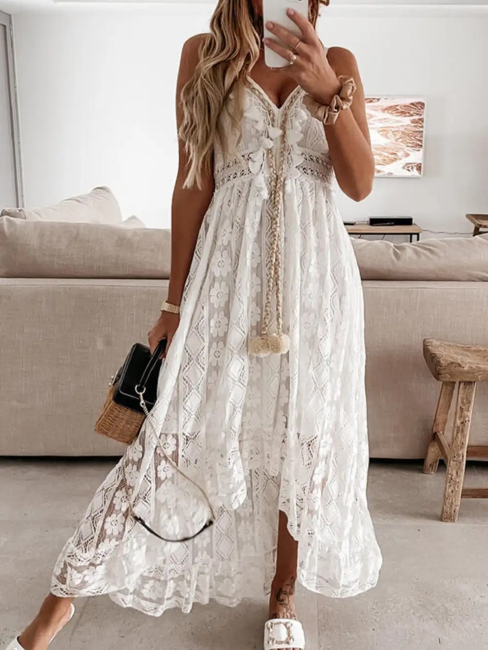 Lace V Neck Ruffle Maxi Dress