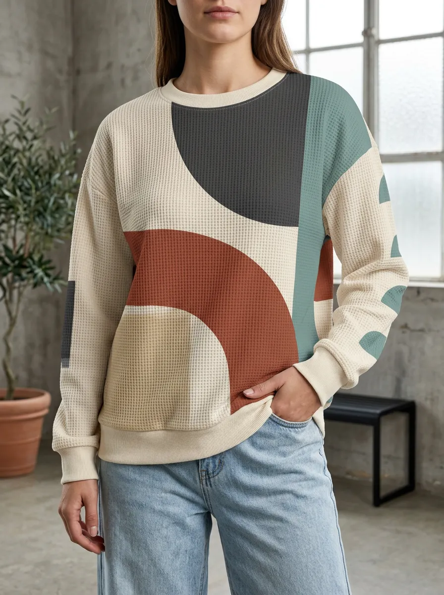 Women's Art-Inspired Abstract Geometric Pattern Waffle Knit Crewneck Sweatshirt