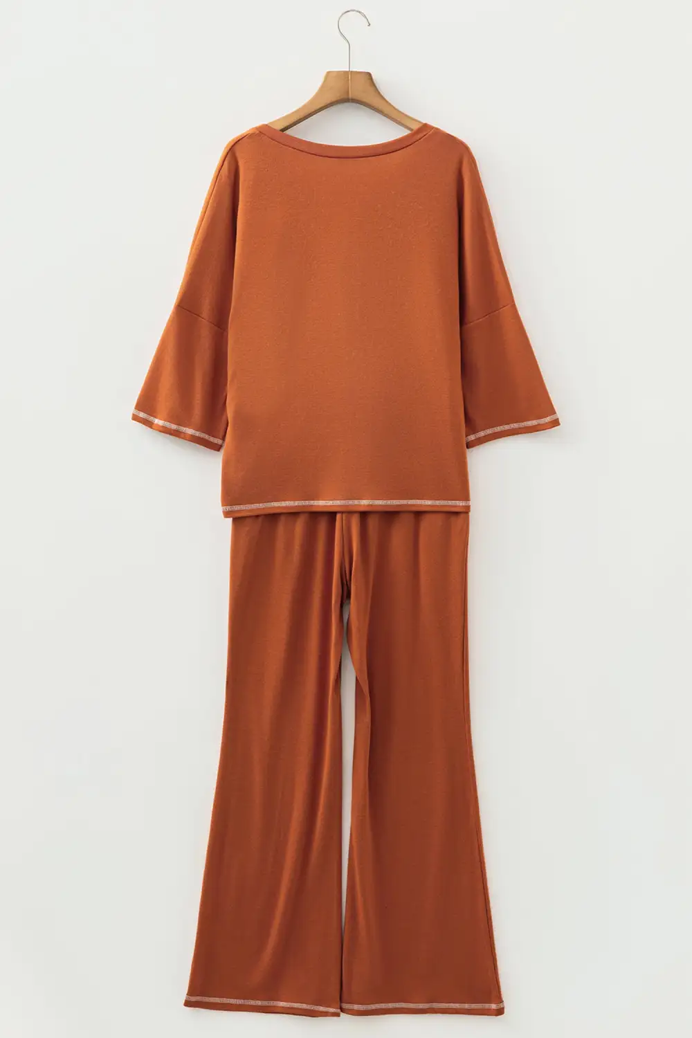 Women's Contrast Stitching Buttoned V Neck Half Sleeve Top and Drawstring Flare Pants Set