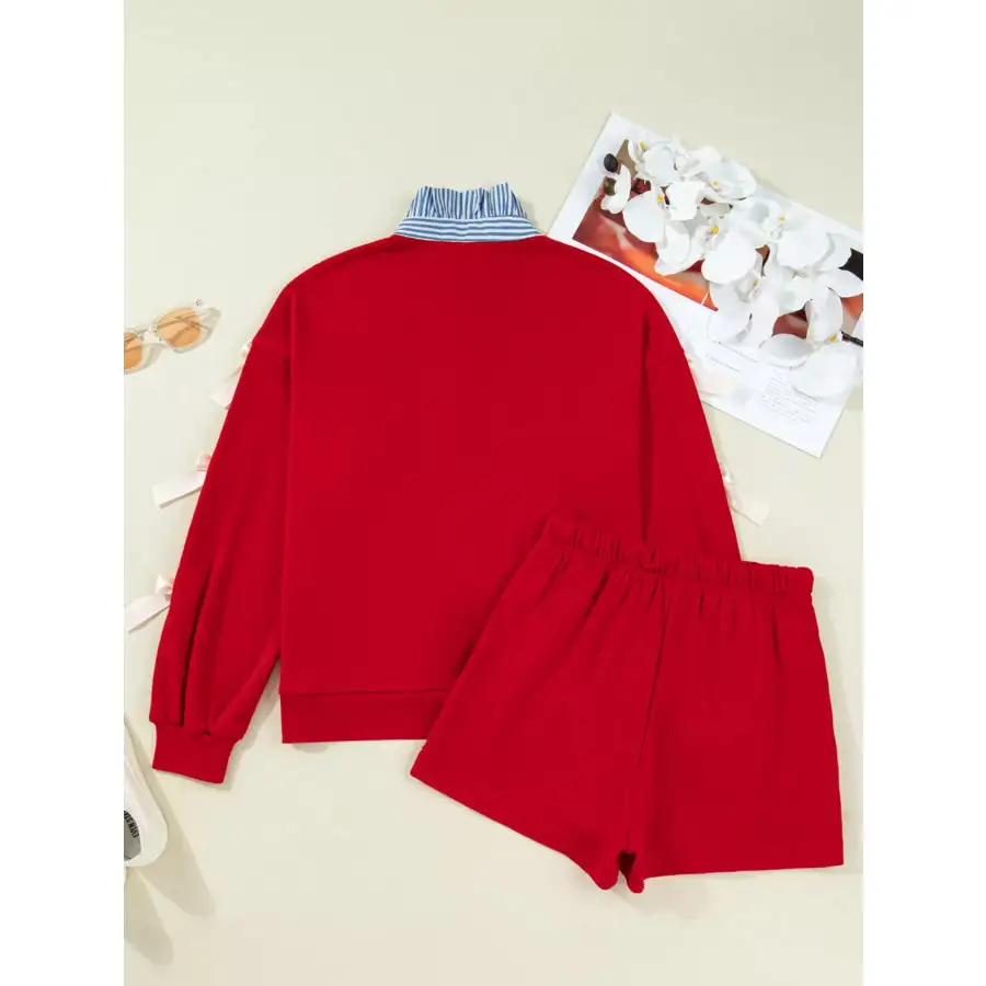 Striped Collar Patchwork Satin Bow Sweatshirt and Shorts Set