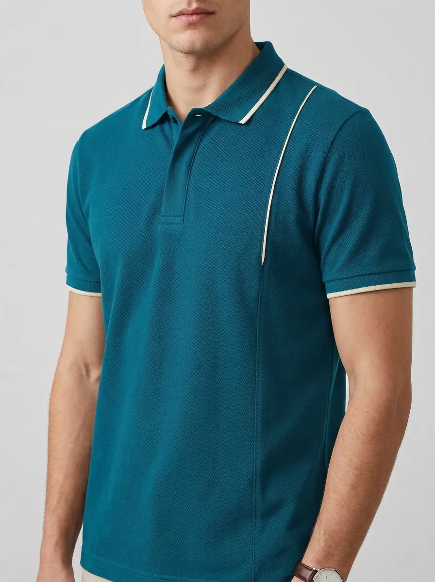 Men's Navy Blue Contrast Piping Trim Printed Polo Shirt
