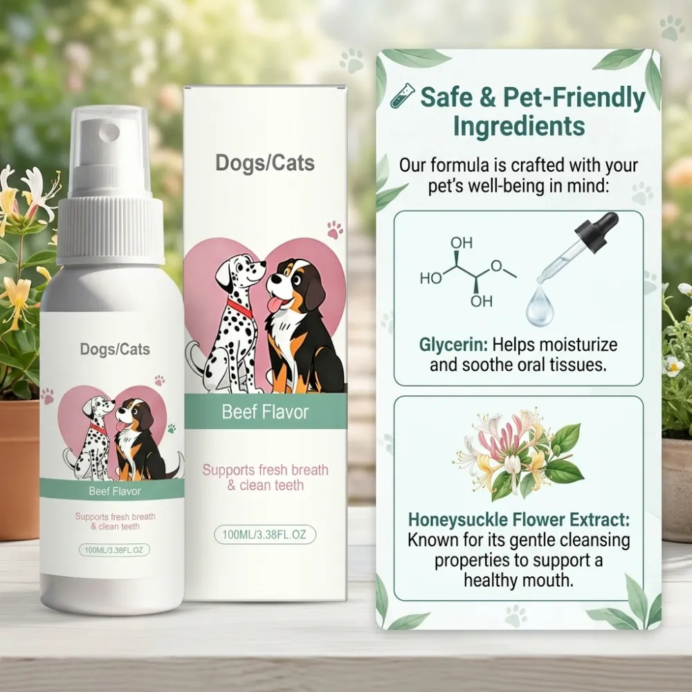 Pet Oral Spray for Dogs & Cats - Breath Freshener, Teeth Cleaning & Gum Care, No Brushing Required, Beef Flavor 100ML