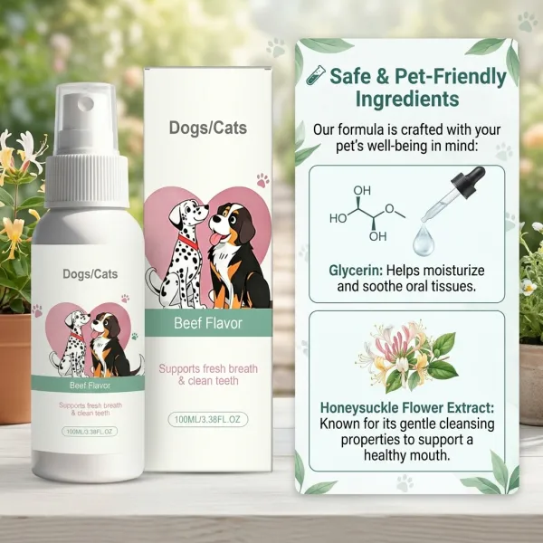 Pet Oral Spray for Dogs & Cats - Breath Freshener, Teeth Cleaning & Gum Care, No Brushing Required, Beef Flavor 100ML
