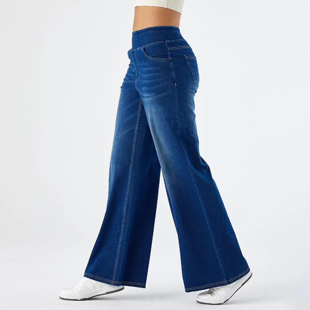 2026🔥  High Waisted Multiple Pockets Baggy Wide Leg Washed Stretchy Knit Casual Jeans