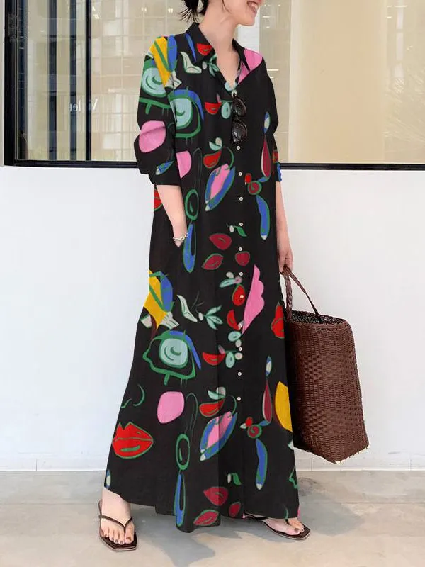 Sleeves Printed Buttoned Long Shirt Maxi Dress