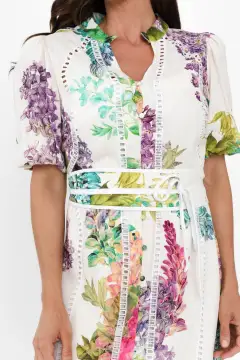 Below-Knee Floral Linen Blend Puff-Sleeve V-Neck Half-Sleeve Straight-Cut Slip Dress