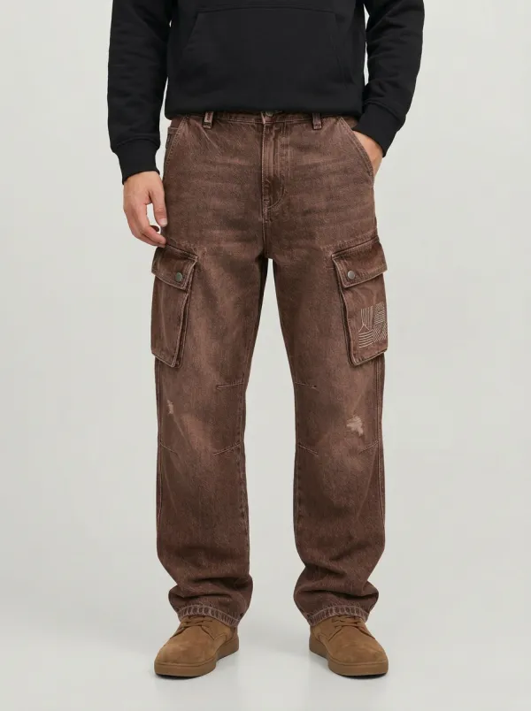Men's Geometric Pattern Distressed Denim Printed Cargo Jeans