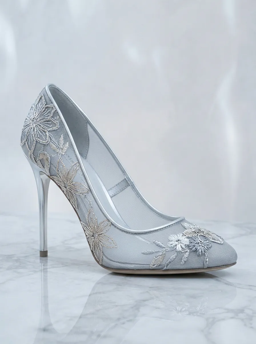 Floral Embroidered Mesh Women's Formal High Heels