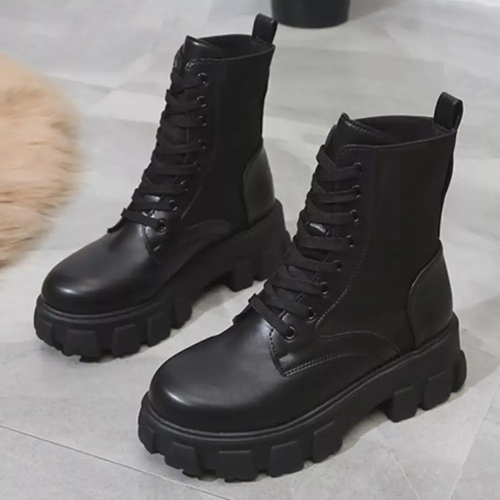 Textured Lace-Up Platform Ankle Boots