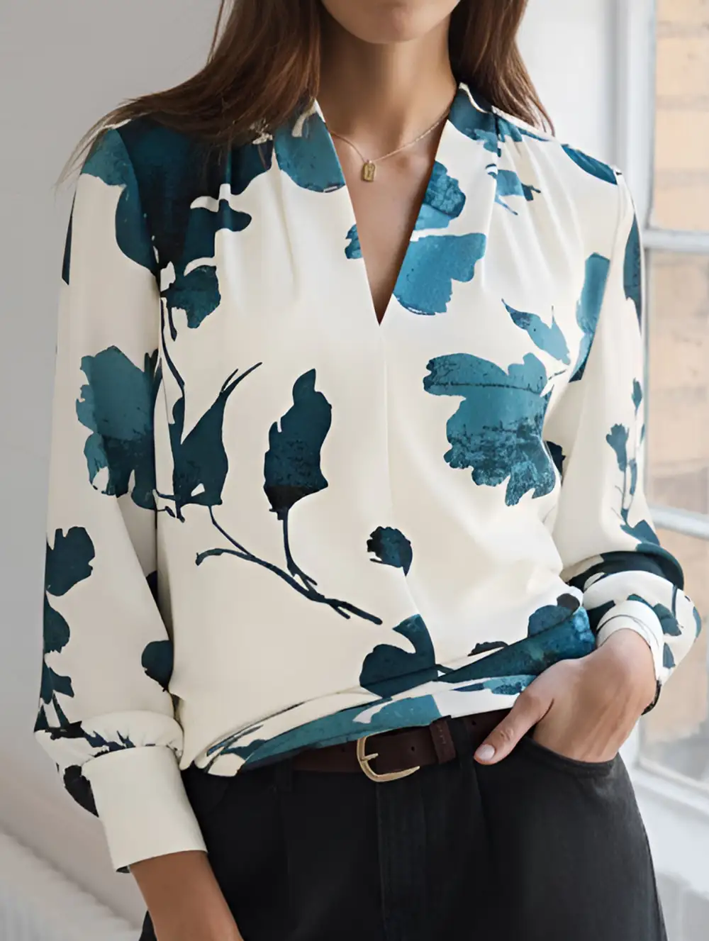 Ink Floral Print Artistic Long Sleeve Shirt