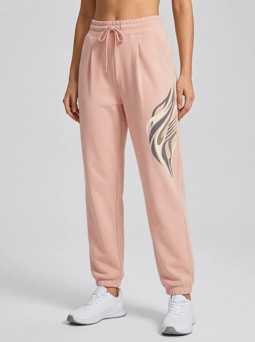 Women's Beige Pleated Graphic Joggers