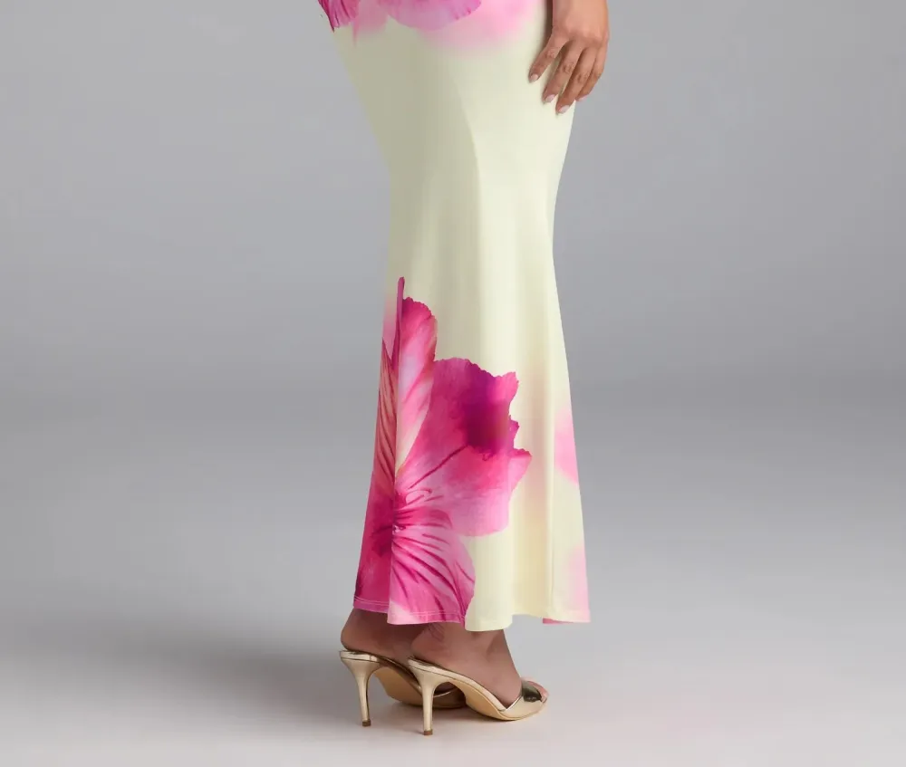 Yellow Tropical Floral Knit Maxi Skirt