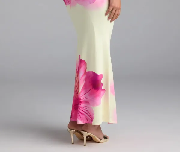 Yellow Tropical Floral Knit Maxi Skirt