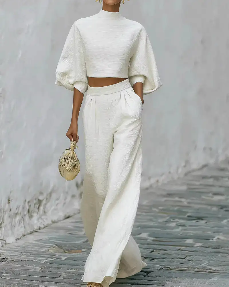 Textured Two-Piece Set Puff Sleeve Crop Top and Wide Leg Pants