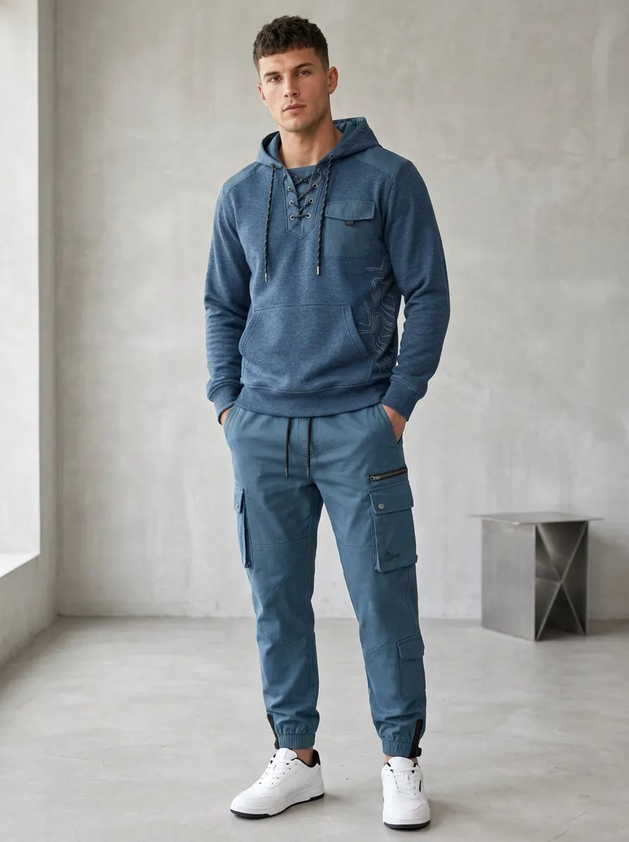 Functional Lace-Up Multi Pocket Fit Men's Lace Up Hoodie And Cargo Jogger Set