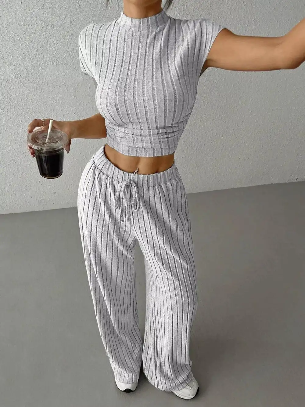 Ribbed Knit Top and Wide Leg Pants Set