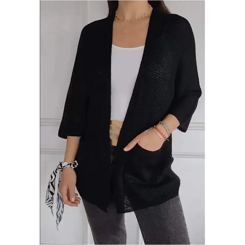 Women's Waffle-Knit Three-Quarter Sleeve Cardigan