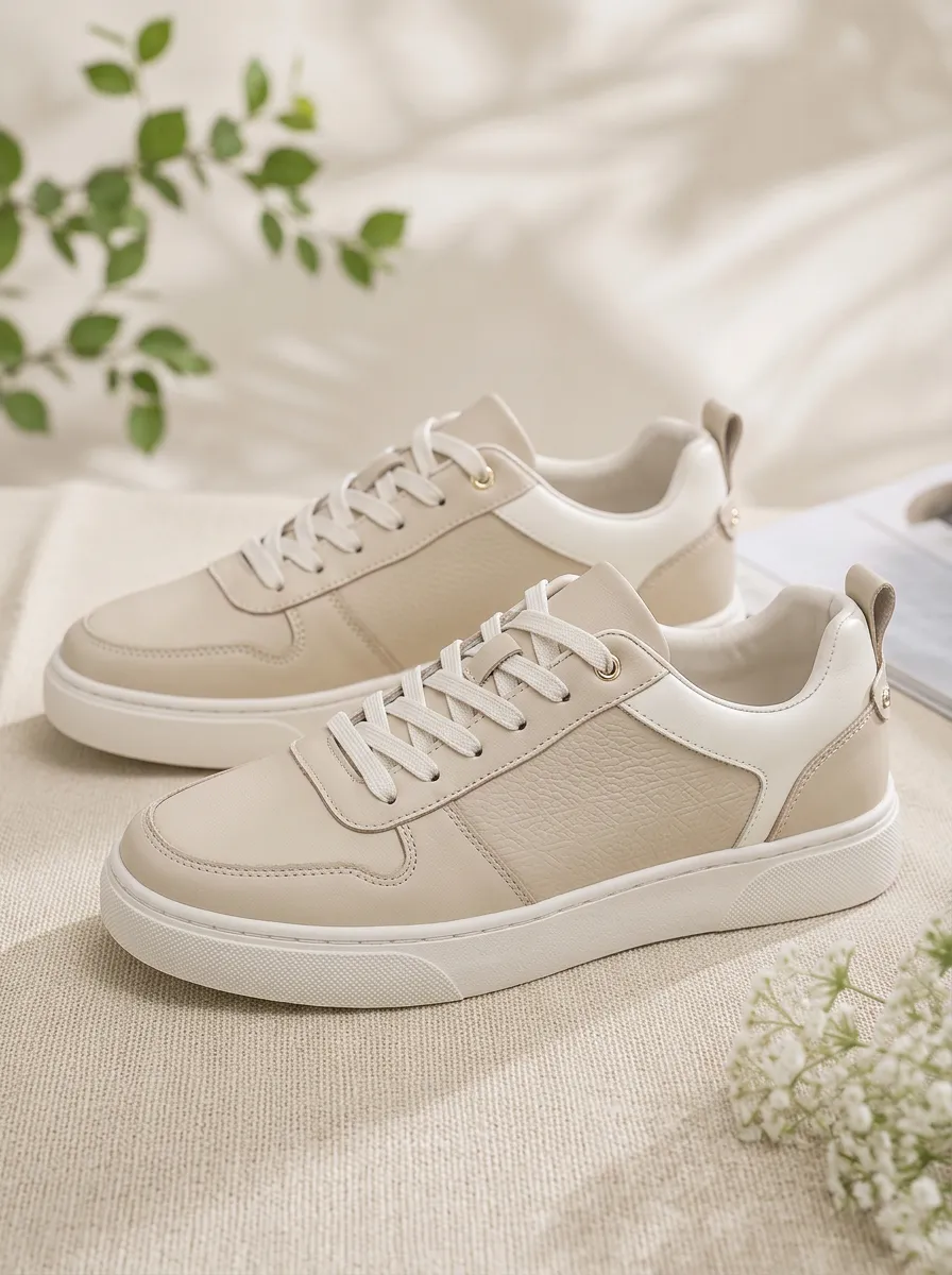 Men's Minimalist Beige Leather Casual Sneakers