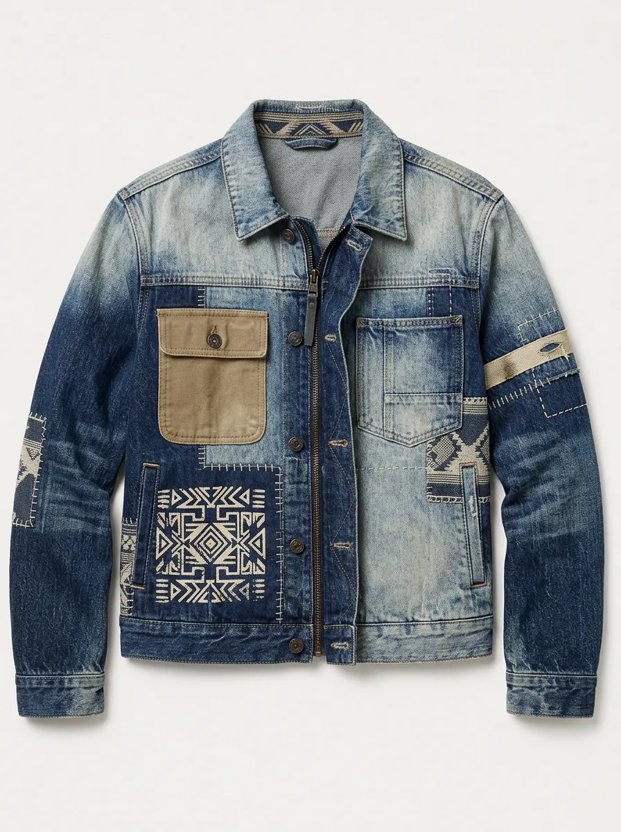 Men's Patchwork Denim Jacket with Geometric Embroidery