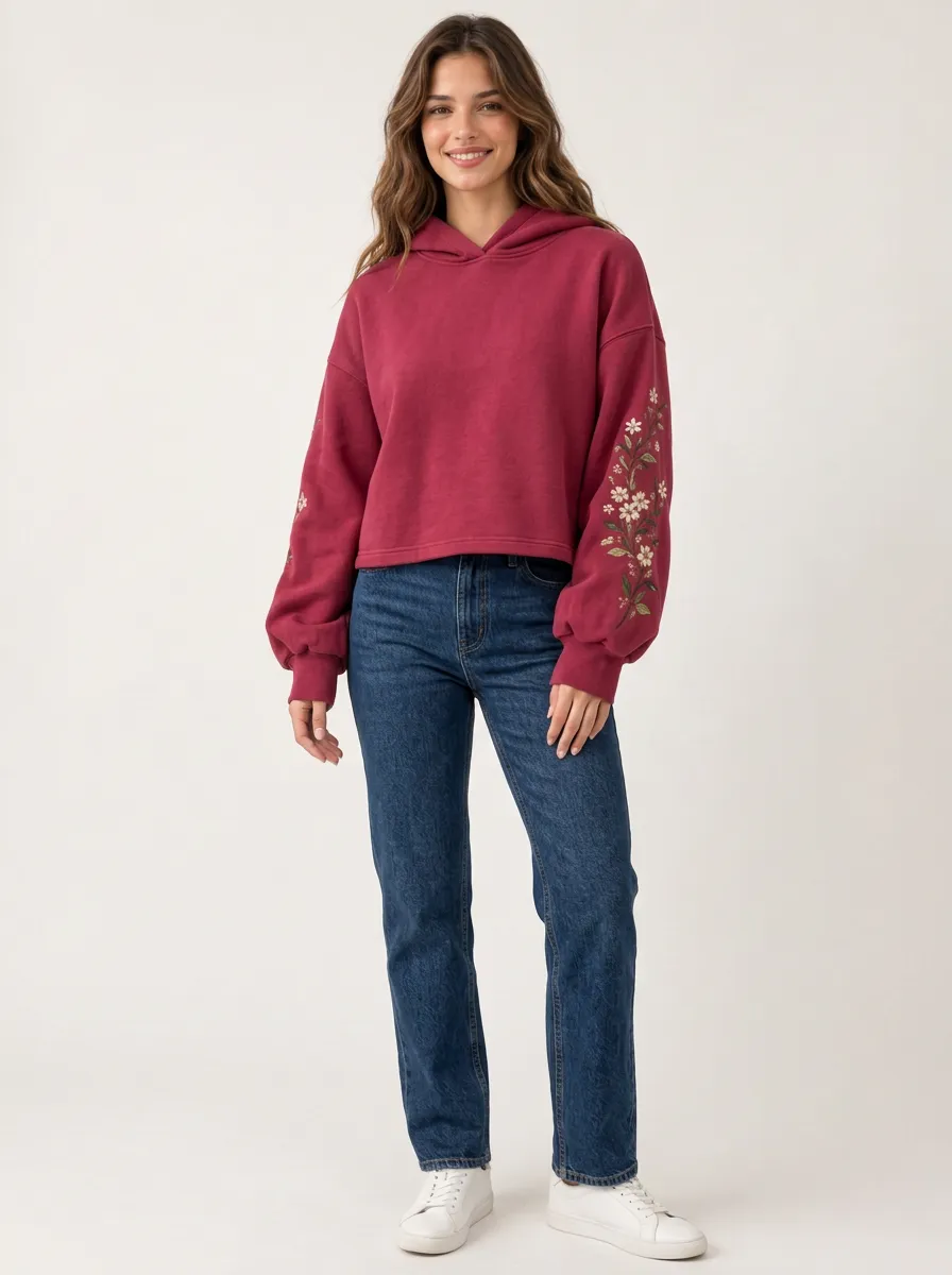 Women's Floral Embroidered Graphic Sleeve Fresh Style Hoodie