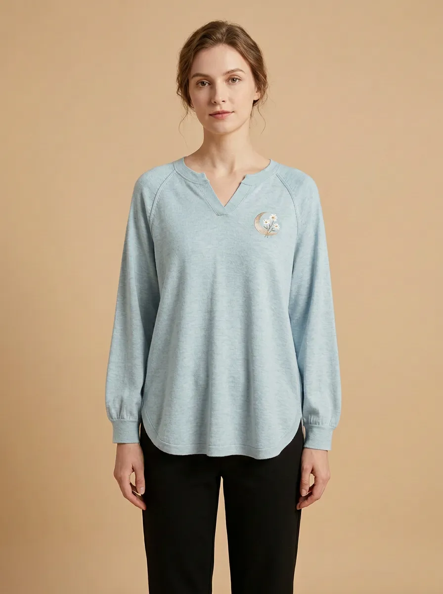 Women's Embroidered Notch-Neck Pullover
