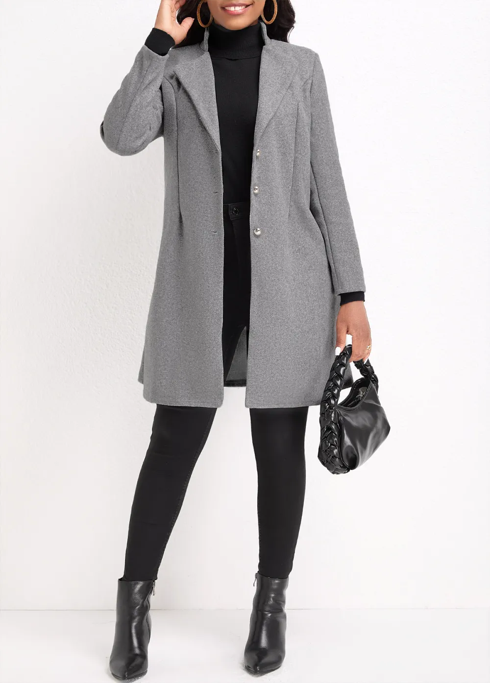 Grey Button Long Sleeve Lapel Coat