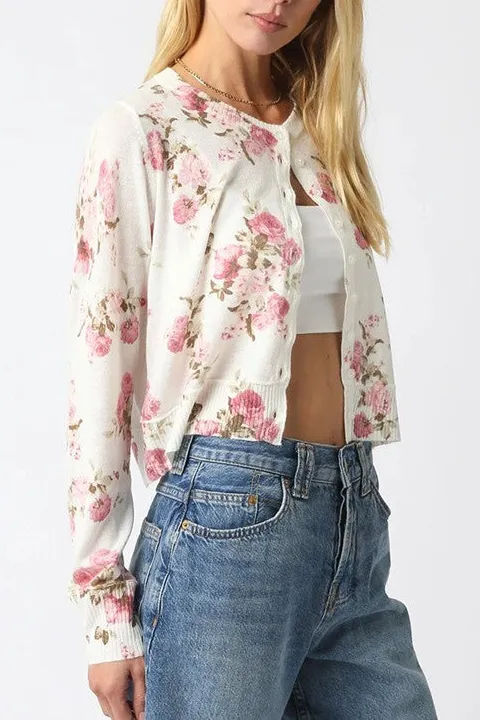 Floral Print Button-Front Knit Cardigan