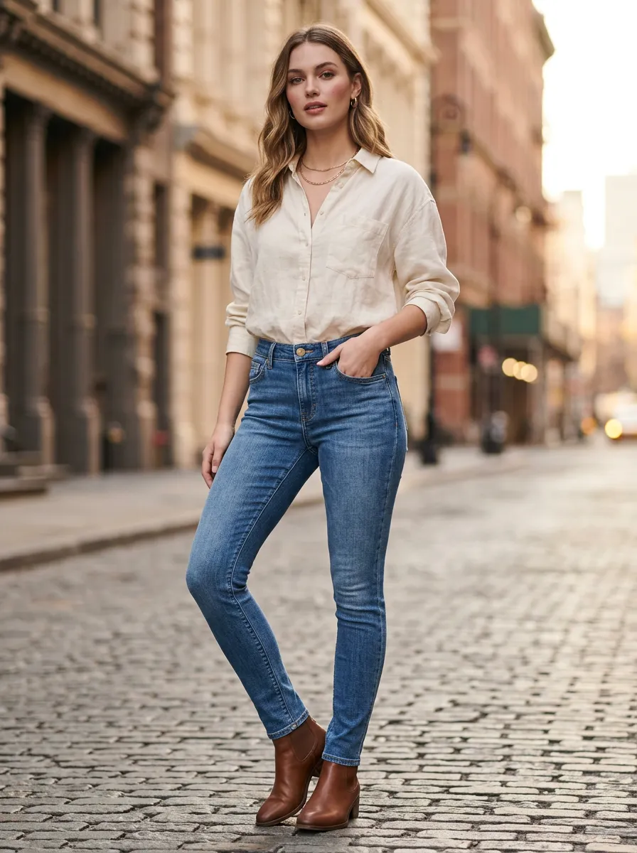 Women's Casual Daily Wear Blue Denim Skinny Jeans