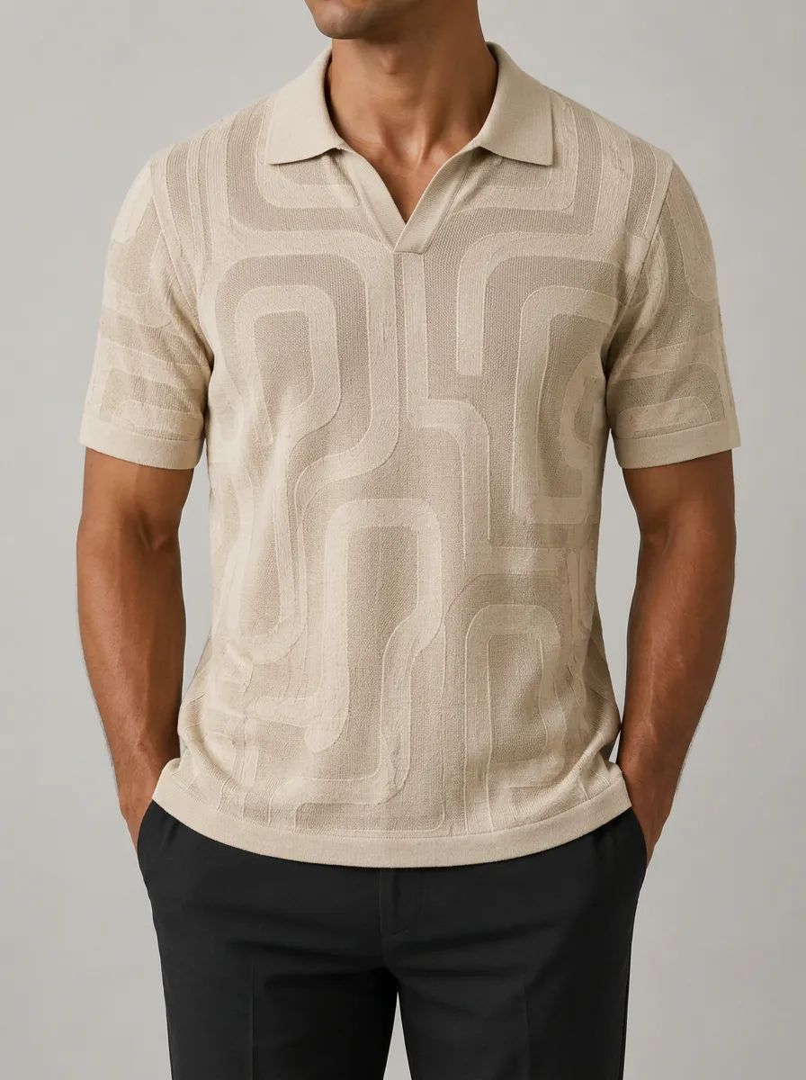 Men's Geometric Jacquard Knit Polo Shirt with Open Collar