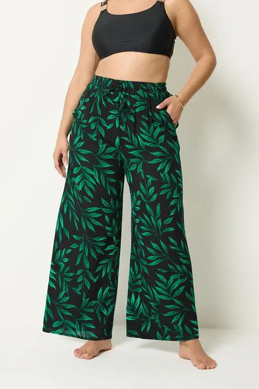 Black & Green Leaf Print Crinkle Beachwear Wide Leg Trousers