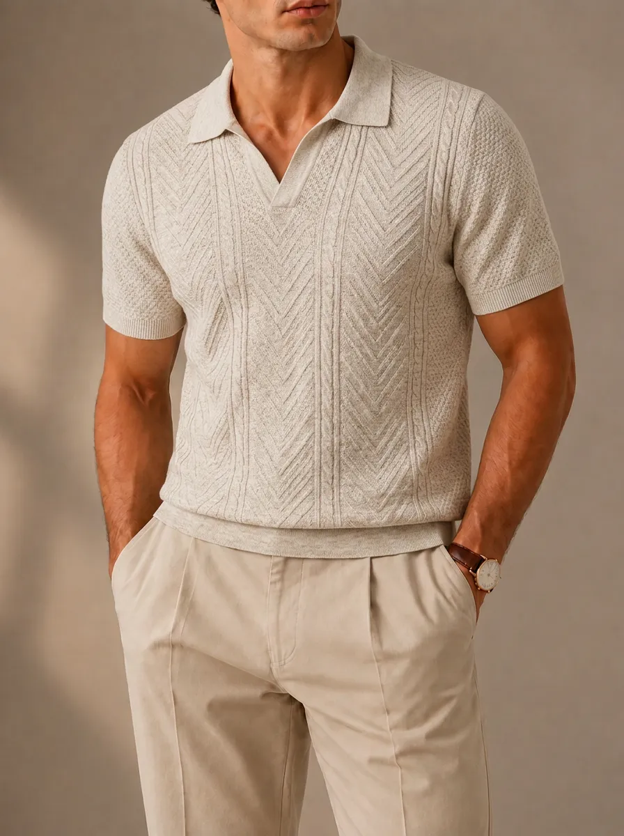 Men's Casual Vintage Chevron Textured Knit Polo Shirt