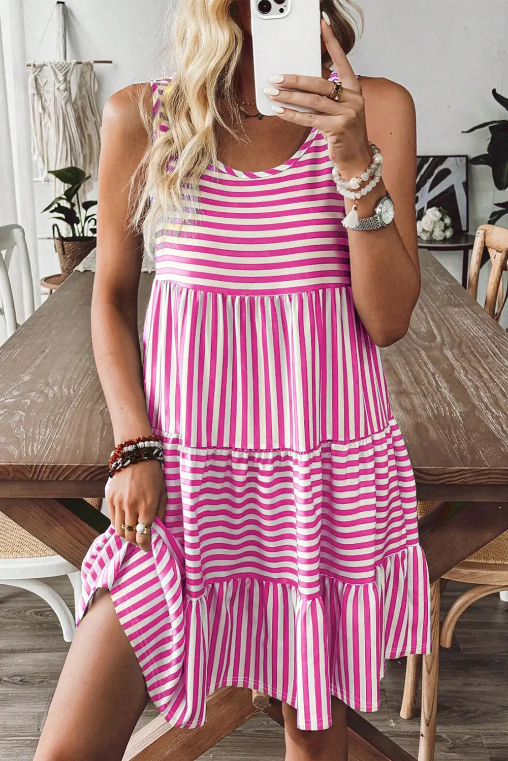 Striped U-Neck Relaxed Fit Mini Dress