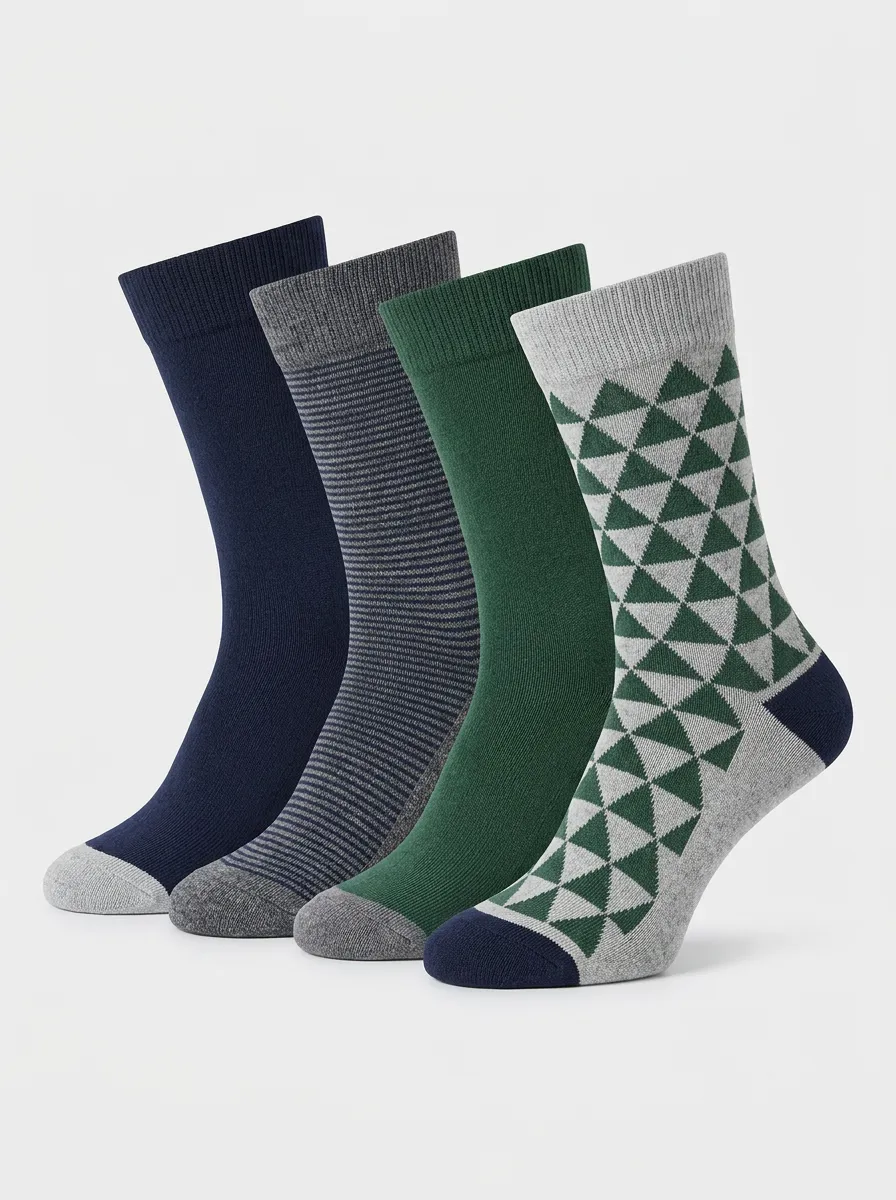 Striped Geometric Ribbed Texture Reinforced Toe Men's Crew Socks Four-Pair Pack