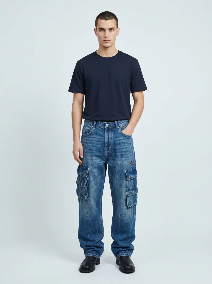 Men's Streetwear Embroidered Logo Denim Cargo Jeans