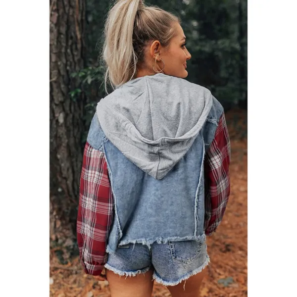 Plaid Print Patchwork Hooded Raw-Hem Denim Jacket