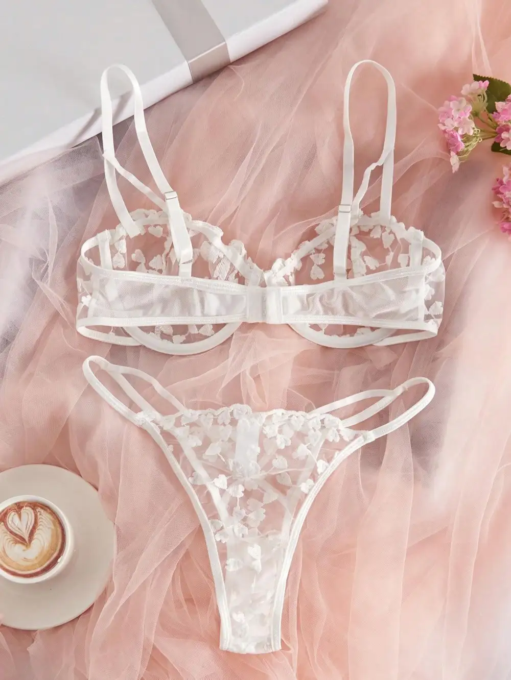 Heart Embroidered Sheer Bralette And Thong Set