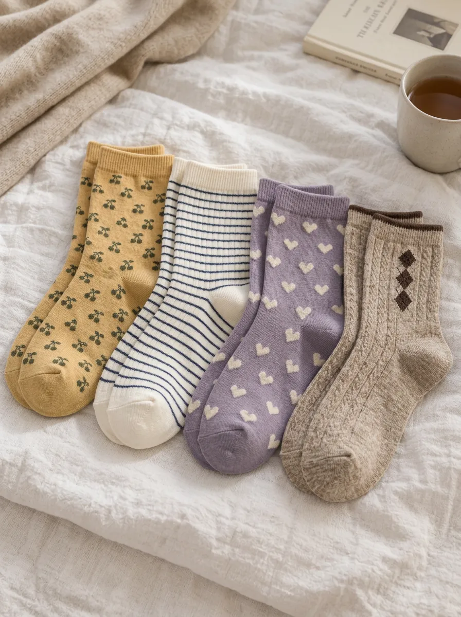 Women's Aesthetic Vintage Cherry Heart Striped Argyle Printed Socks Set